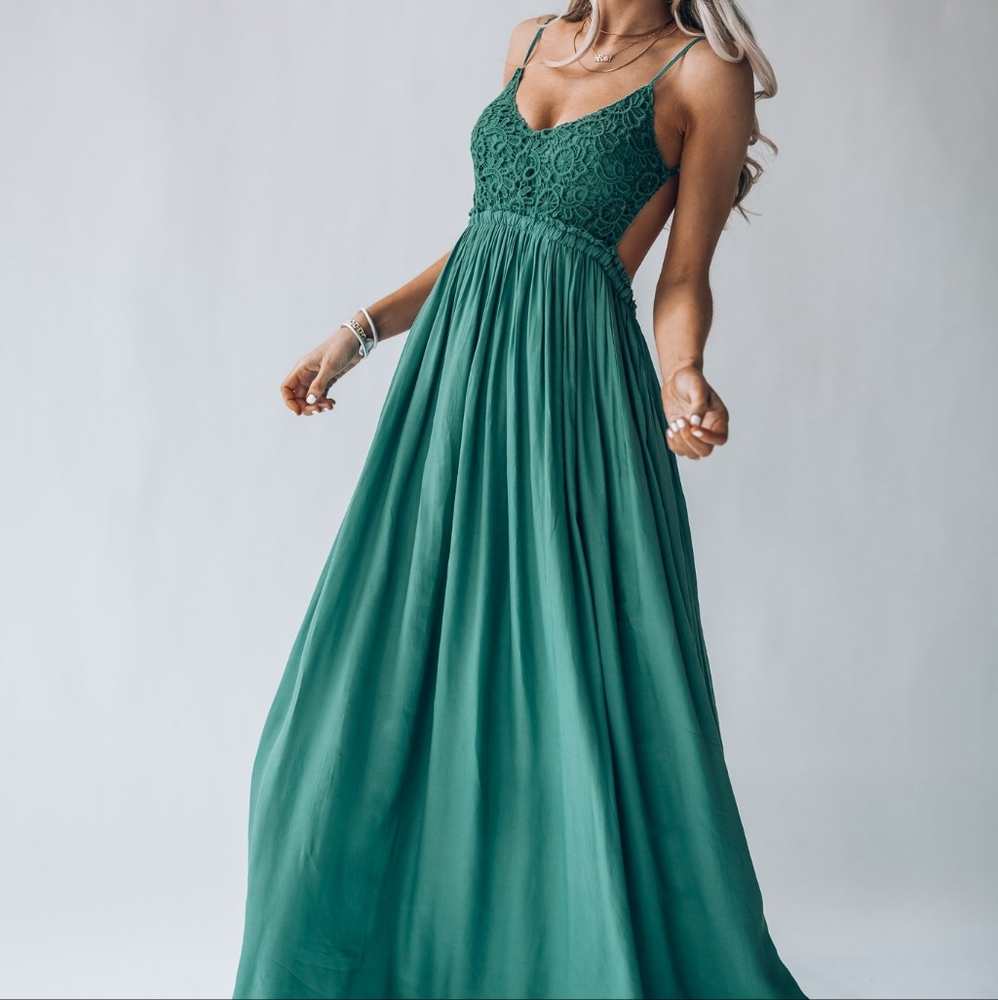 Brand New Muted Emerald Green Crochet Lace Bodice Backless Maxi Dress